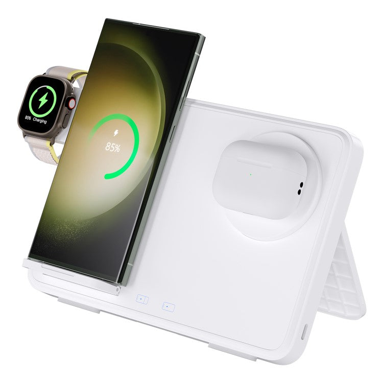 C30 15W Dual Ring Foldable 3 in 1 Wireless Charger Watch Earphone Phone Magnetic Wireless Charger - White