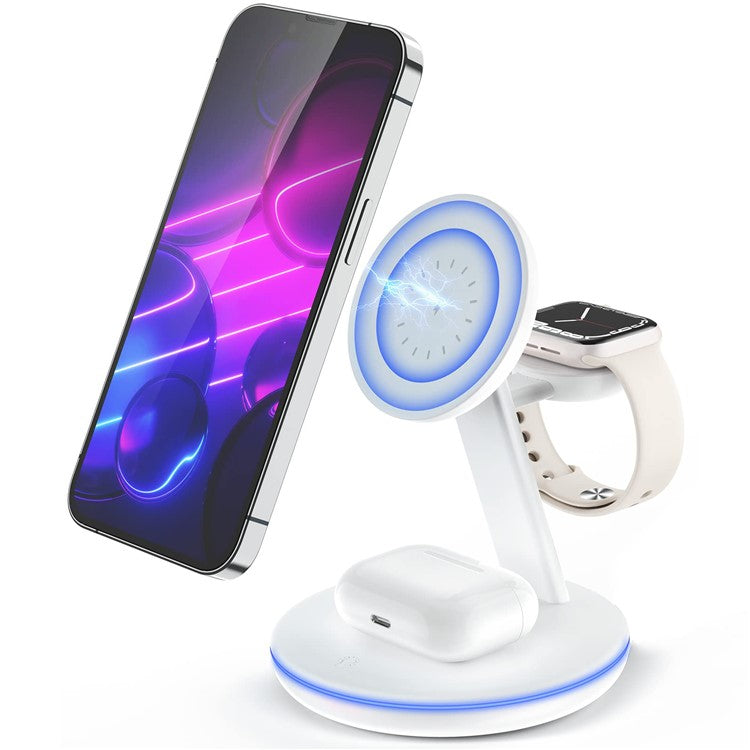 W309 3-in-1 15W Max Magnetic Wireless Charger with Ambient Light for Apple Watch / Mobile Phone / Earbuds