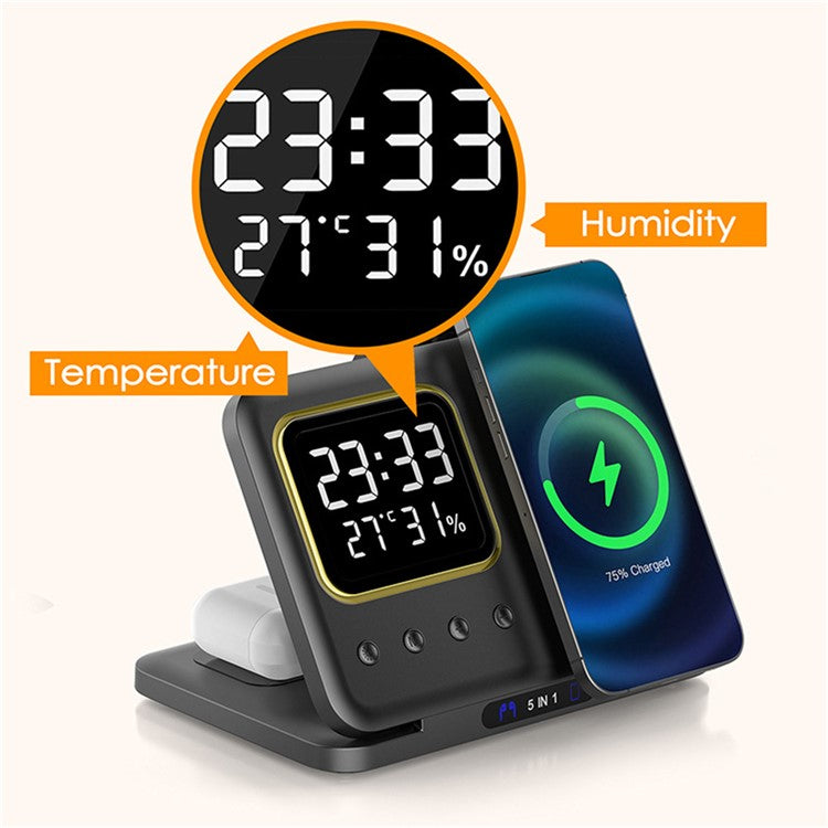 DH13 Clock Temperature Humidity Display Magnetic Phone Earphone Watch Wireless Charging Stand