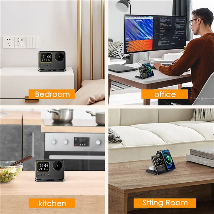 DH13 Clock Temperature Humidity Display Magnetic Phone Earphone Watch Wireless Charging Stand