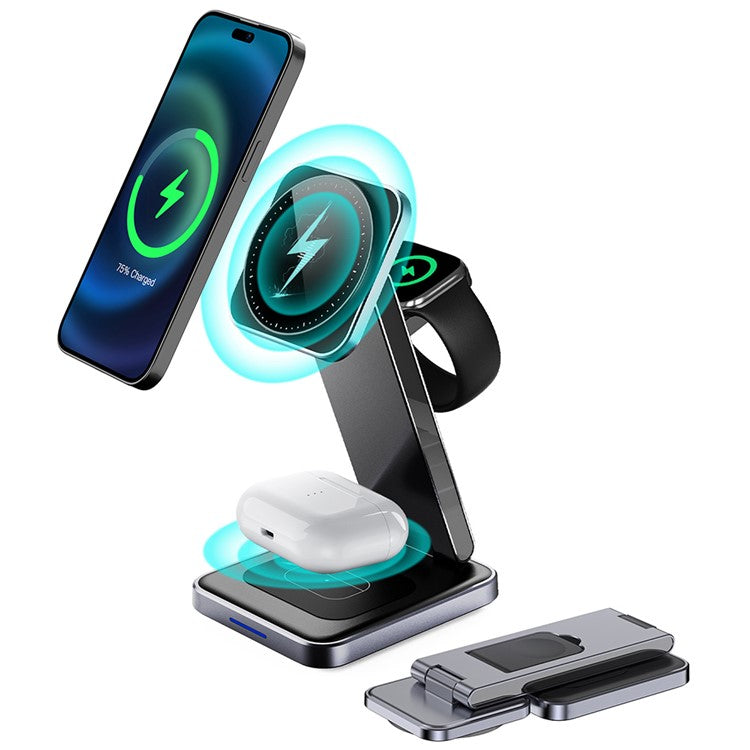 DH11 3-in-1 Foldable Charging Stand Phone Watch Earphone Zinc Alloy Magnetic Wireless Charger