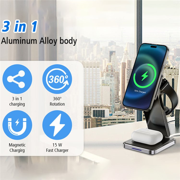 DH11 3-in-1 Foldable Charging Stand Phone Watch Earphone Zinc Alloy Magnetic Wireless Charger