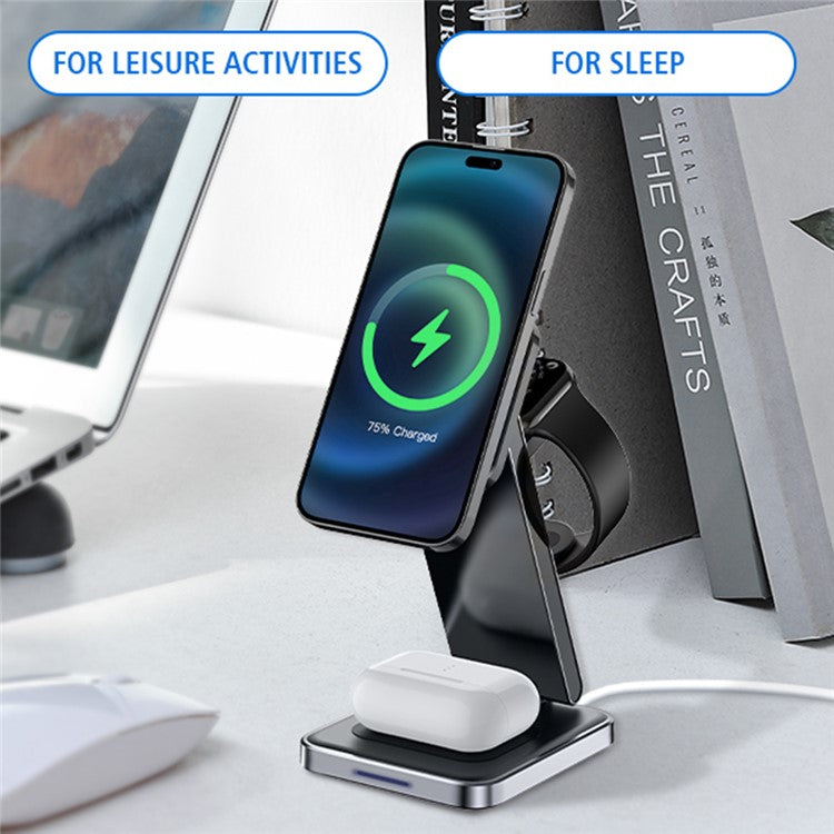 DH11 3-in-1 Foldable Charging Stand Phone Watch Earphone Zinc Alloy Magnetic Wireless Charger