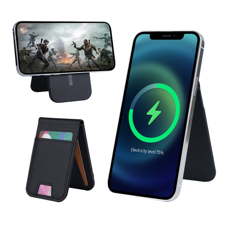 FLD-F5 3-in-1 Magnetic Wireless Charger Foldable Card Bag Mobile Phone Holder - Black