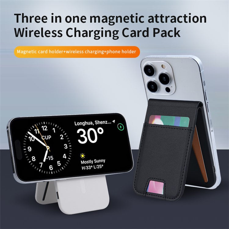 FLD-F5 3-in-1 Magnetic Wireless Charger Foldable Card Bag Mobile Phone Holder - Black