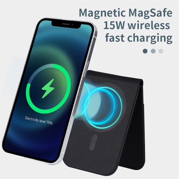 FLD-F5 3-in-1 Magnetic Wireless Charger Foldable Card Bag Mobile Phone Holder - Black