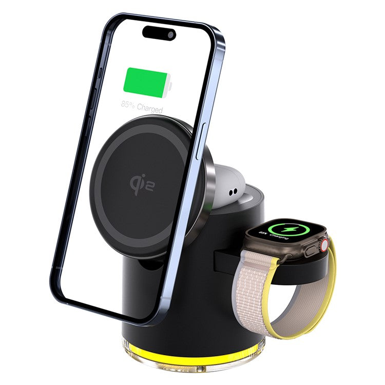 C16 QI2 Charging Stand Night Light Phone Watch Earphone 15W Magnetic Wireless Charger - Black