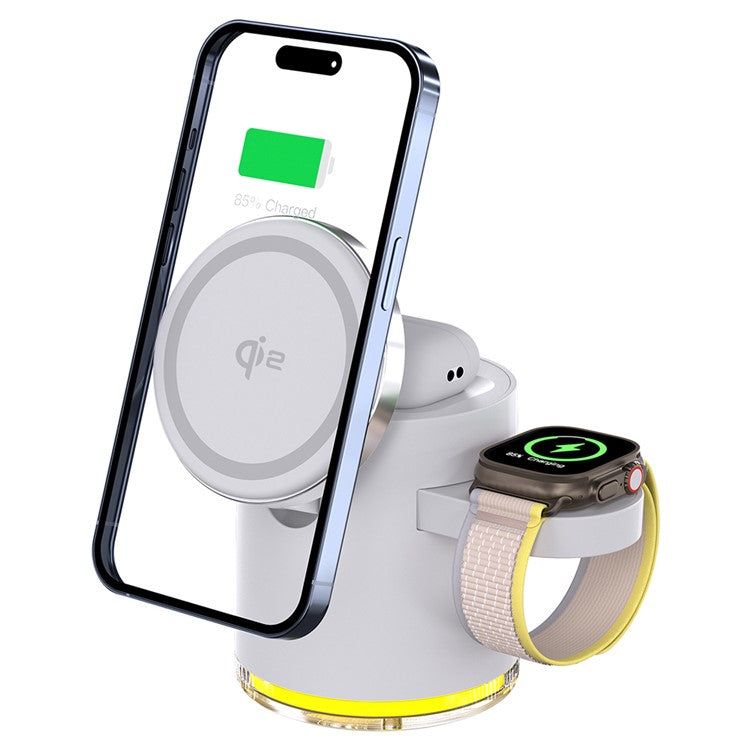 C16 QI2 Charging Stand Night Light Phone Watch Earphone 15W Magnetic Wireless Charger - White