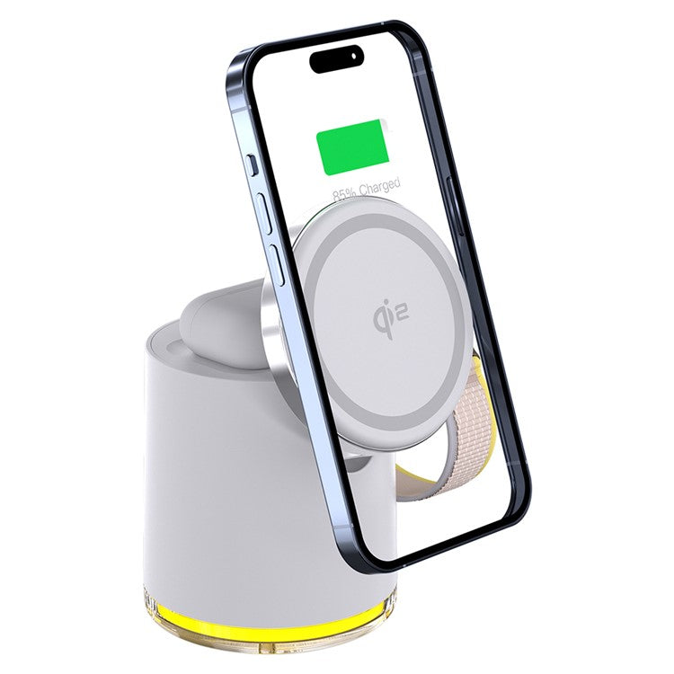 C16 QI2 Charging Stand Night Light Phone Watch Earphone 15W Magnetic Wireless Charger - White