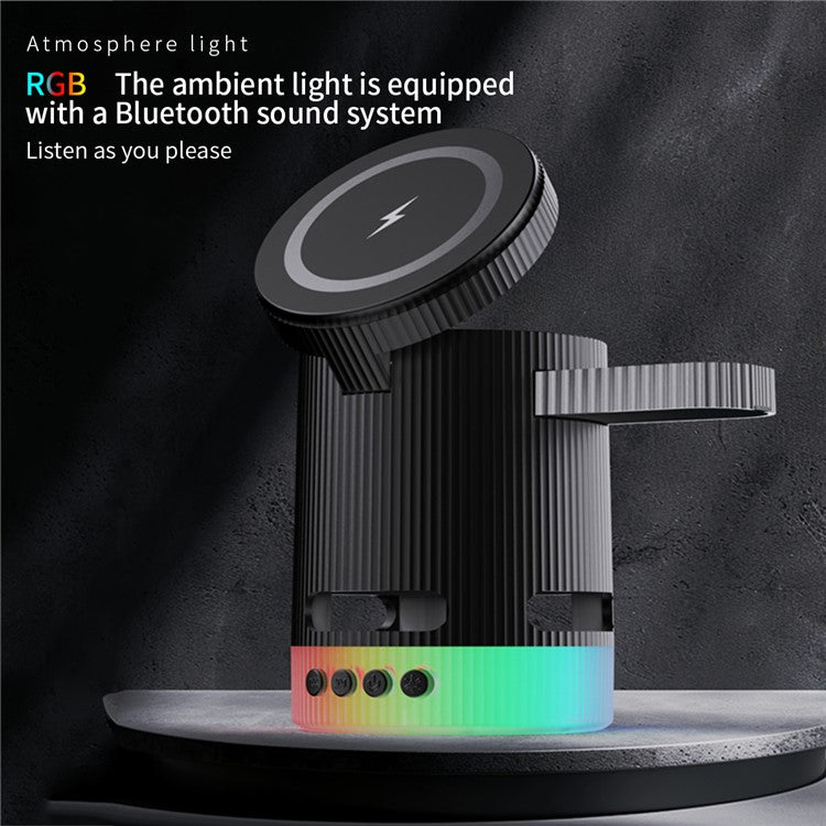 H61 4 in 1 RGB Bluetooth Speaker Foldable Wireless Charger for Phone / Earphone / Watch - Black