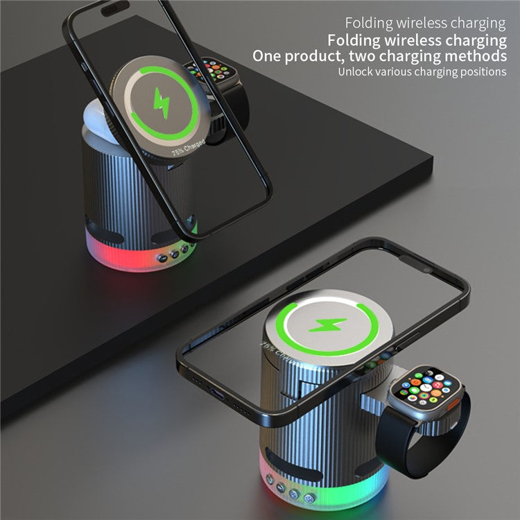 H61 4 in 1 RGB Bluetooth Speaker Foldable Wireless Charger for Phone / Earphone / Watch - Black