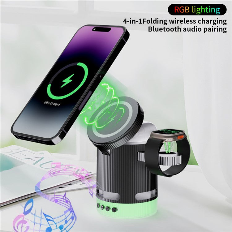 H61 4 in 1 RGB Bluetooth Speaker Foldable Wireless Charger for Phone / Earphone / Watch - Black