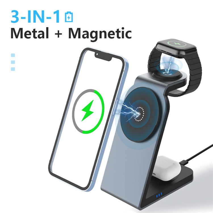 SW18 Magnetic 3-in-1 Metal Wireless Charger Desktop Charging Stand for Phone Earphone Smartwatch