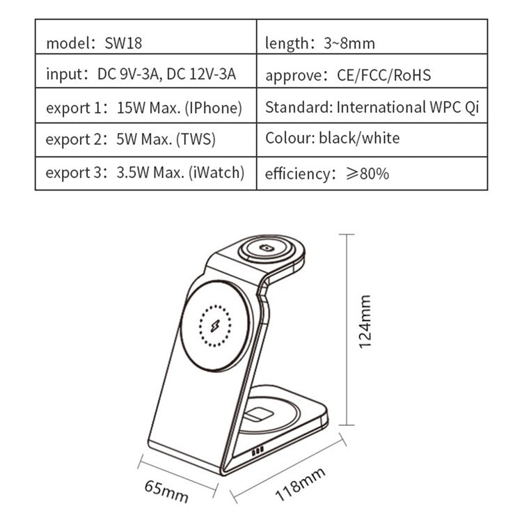 SW18 Magnetic 3-in-1 Metal Wireless Charger Desktop Charging Stand for Phone Earphone Smartwatch