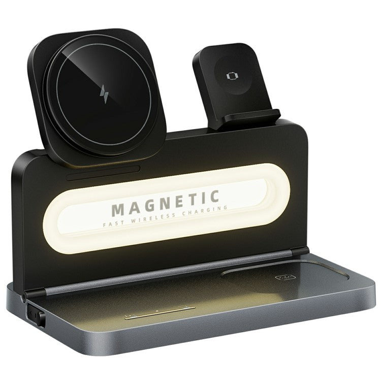 HT-539 Desktop Night Light 15W Magnetic Foldable Phone Watch Earphone Wireless Charger - Black