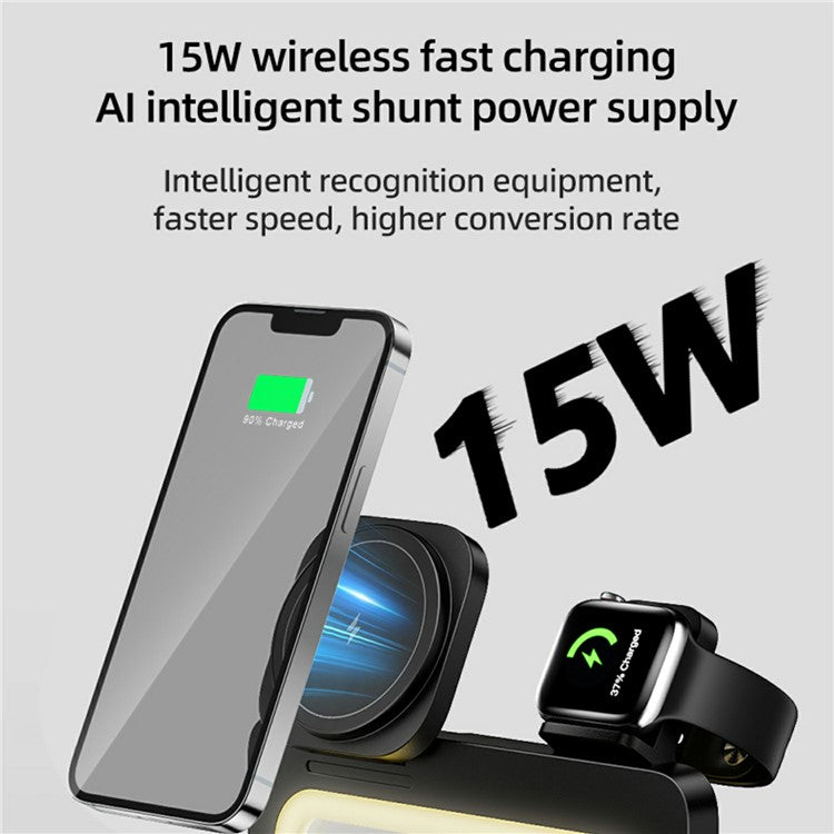 HT-539 Desktop Night Light 15W Magnetic Foldable Phone Watch Earphone Wireless Charger - Black