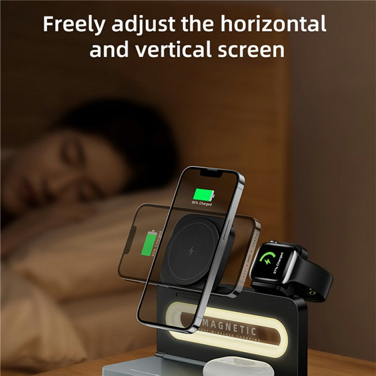 HT-539 Desktop Night Light 15W Magnetic Foldable Phone Watch Earphone Wireless Charger - Black