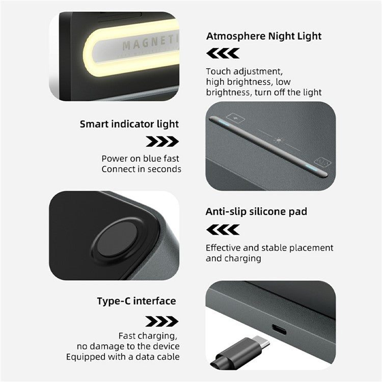 HT-539 Desktop Night Light 15W Magnetic Foldable Phone Watch Earphone Wireless Charger - Black