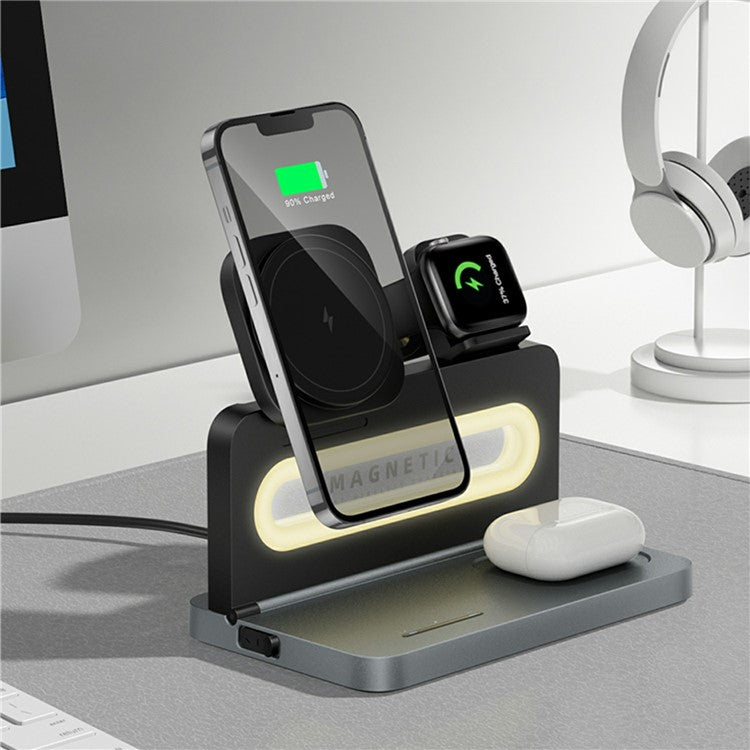 HT-539 Desktop Night Light 15W Magnetic Foldable Phone Watch Earphone Wireless Charger - Black