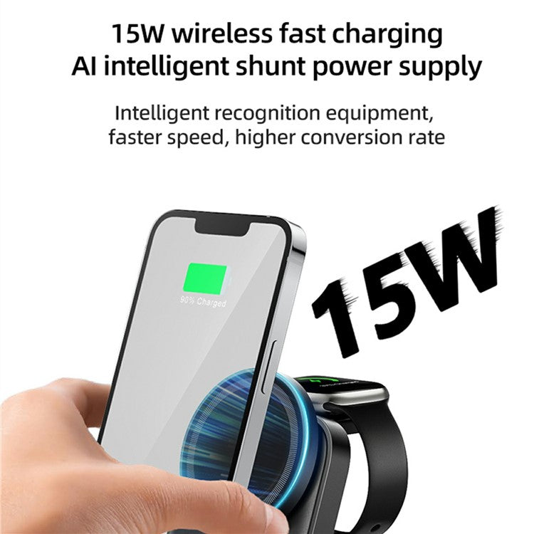 HT-541 Multifunctional Foldable 15W Wireless Phone Charger for Earbuds, Apple Watch Series - Black