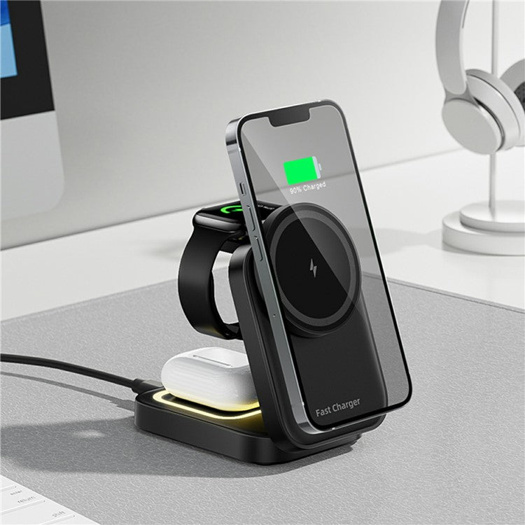 HT-541 Multifunctional Foldable 15W Wireless Phone Charger for Earbuds, Apple Watch Series - Black