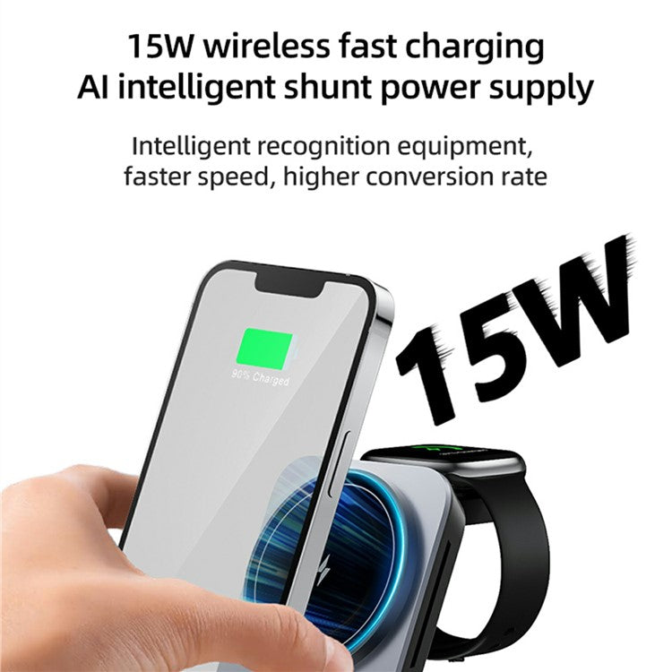 HT-556 Multifunctional Foldable 15W Wireless Phone Charger for Earbuds, Apple Watch Series - Black