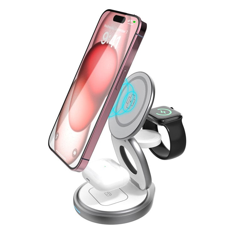 For iPhone 16 3-in-1 Magnetic Wireless Charger 360° Rotatable Zinc Alloy Stand - White