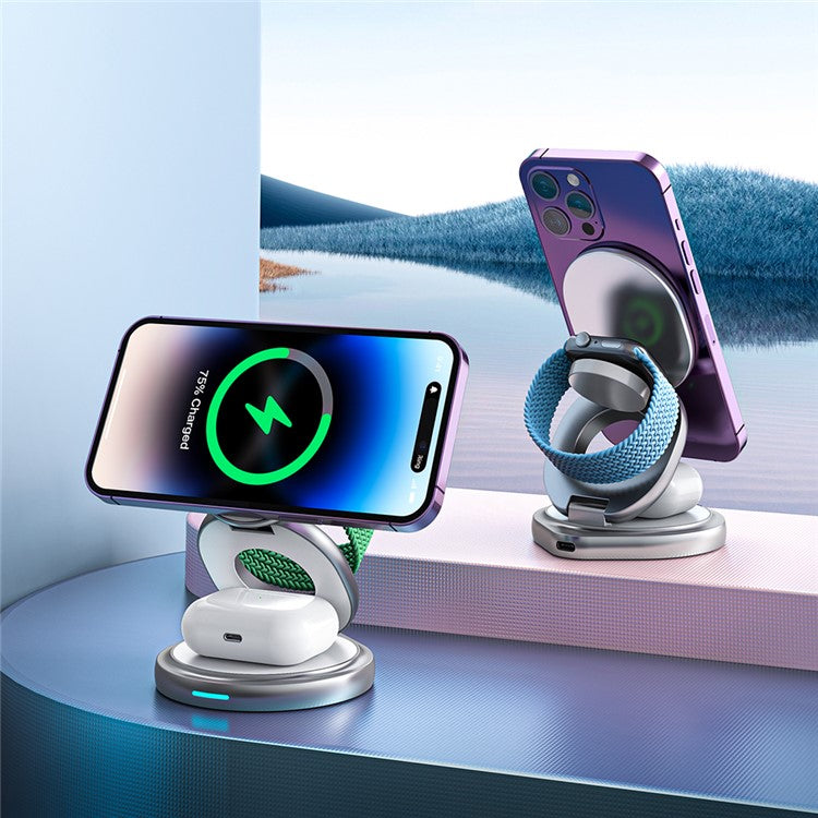 For iPhone 16 3-in-1 Magnetic Wireless Charger 360° Rotatable Zinc Alloy Stand - White