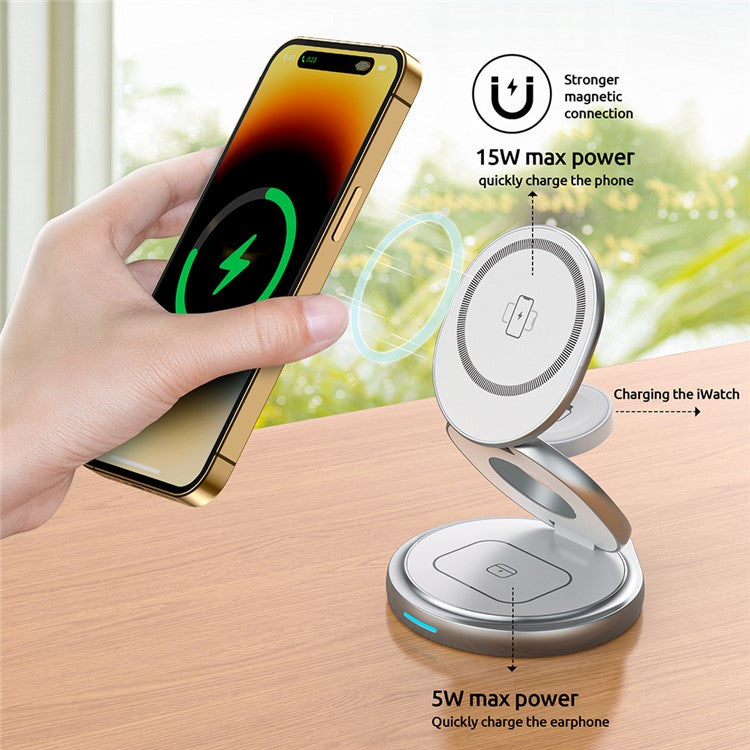 For iPhone 16 3-in-1 Magnetic Wireless Charger 360° Rotatable Zinc Alloy Stand - White