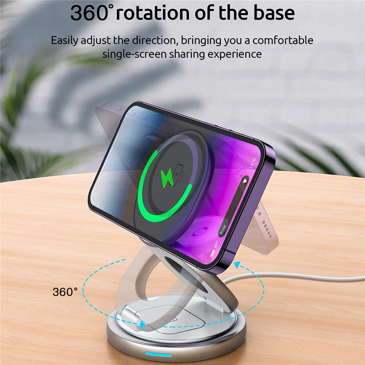 For iPhone 16 3-in-1 Magnetic Wireless Charger 360° Rotatable Zinc Alloy Stand - White