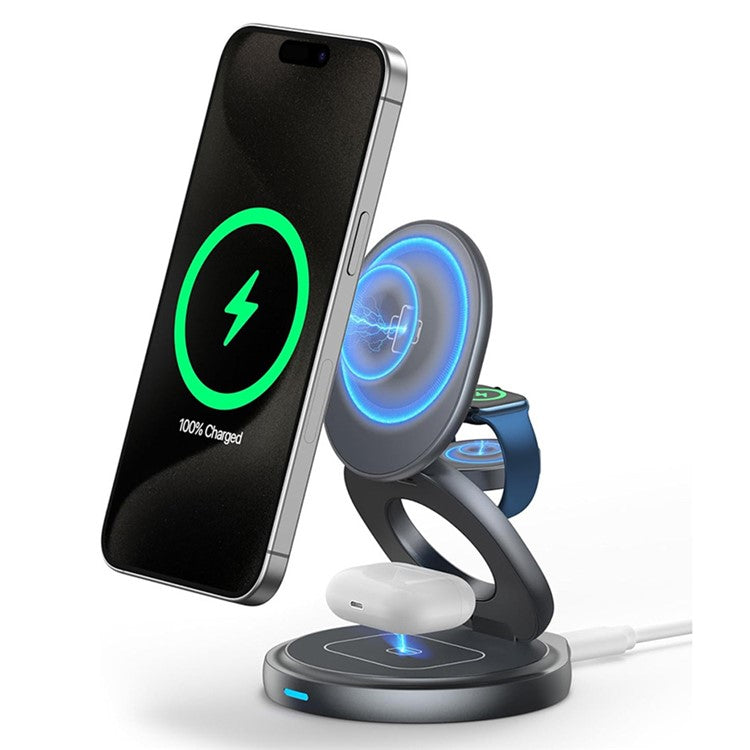 For iPhone 16 3-in-1 Magnetic Wireless Charger 360° Rotatable Zinc Alloy Stand - Black