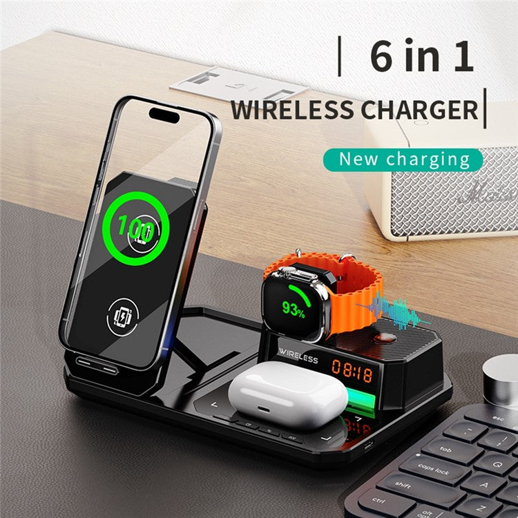 C18 6-in-1 Wireless Charger Digital Charging Station with Bluetooth Speaker RGB Light - Black