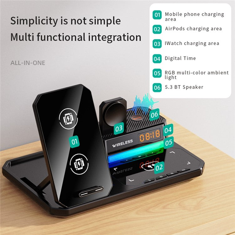 C18 6-in-1 Wireless Charger Digital Charging Station with Bluetooth Speaker RGB Light - Black