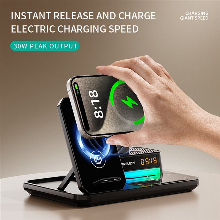 C18 6-in-1 Wireless Charger Digital Charging Station with Bluetooth Speaker RGB Light - Black