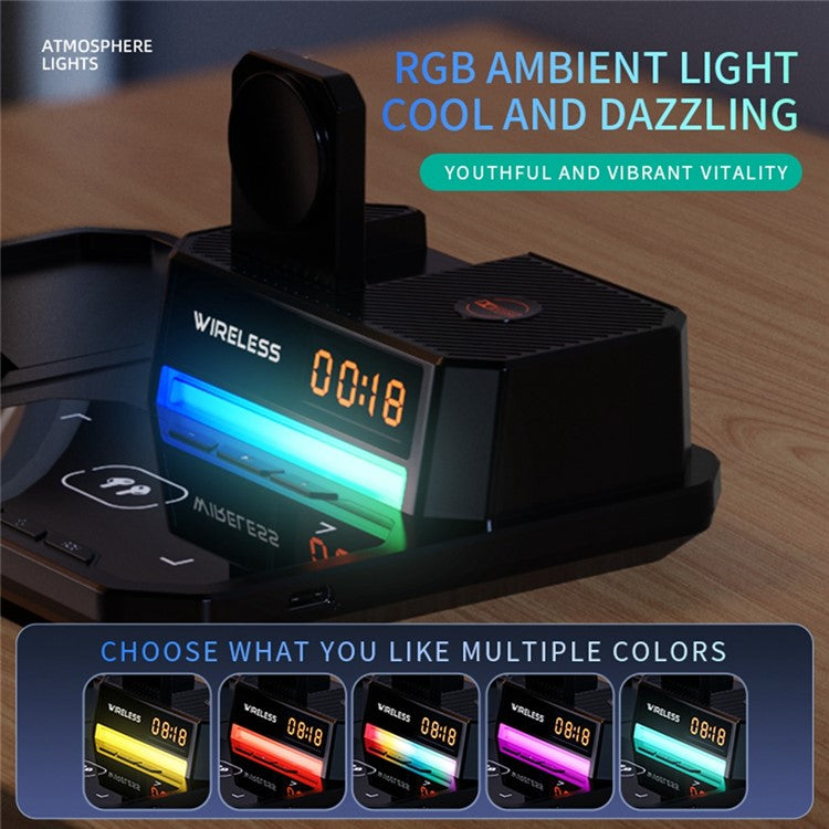 C18 6-in-1 Wireless Charger Digital Charging Station with Bluetooth Speaker RGB Light - Black