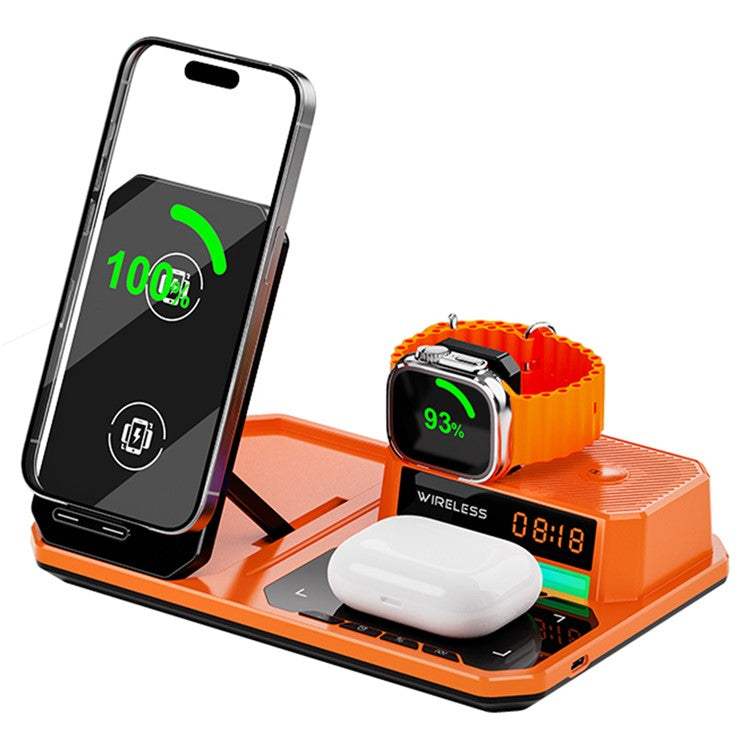 C18 6-in-1 Wireless Charger Digital Charging Station with Bluetooth Speaker RGB Light - Orange