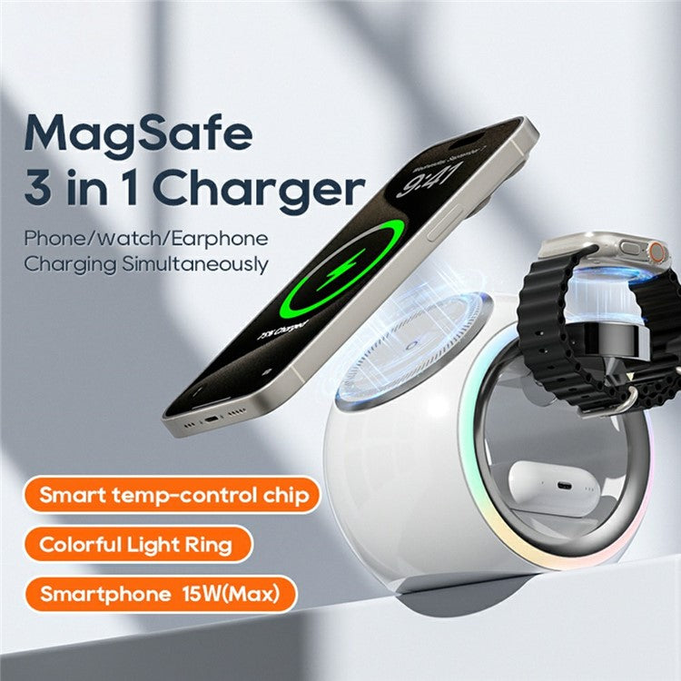 KL-CD70 Colorful Light Space Capsule 3-in-1 Magnetic Phone Earphones Watch Wireless Charger - White