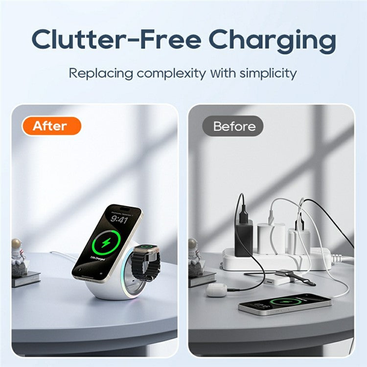 KL-CD70 Colorful Light Space Capsule 3-in-1 Magnetic Phone Earphones Watch Wireless Charger - White