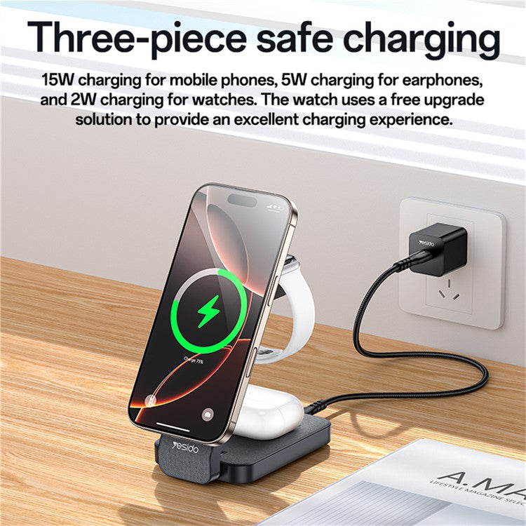 YESIDO DS26 Foldable Charging Stand Night Light Phone Watch Earphone Magnetic Wireless Charger