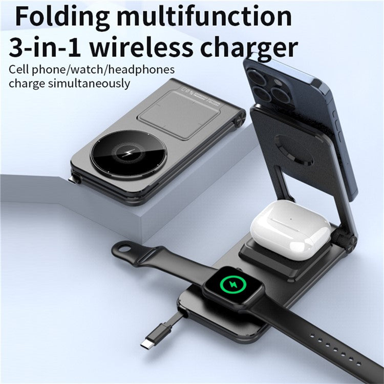 M2 Foldable 3-in-1 Phone Stand Magnetic Wireless Charger With Built-In Type-C Cable 15W Fast Charging - Black