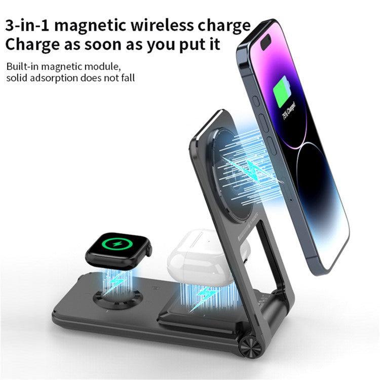 M2 Foldable 3-in-1 Phone Stand Magnetic Wireless Charger With Built-In Type-C Cable 15W Fast Charging - Black