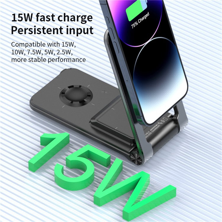 M2 Foldable 3-in-1 Phone Stand Magnetic Wireless Charger With Built-In Type-C Cable 15W Fast Charging - Black