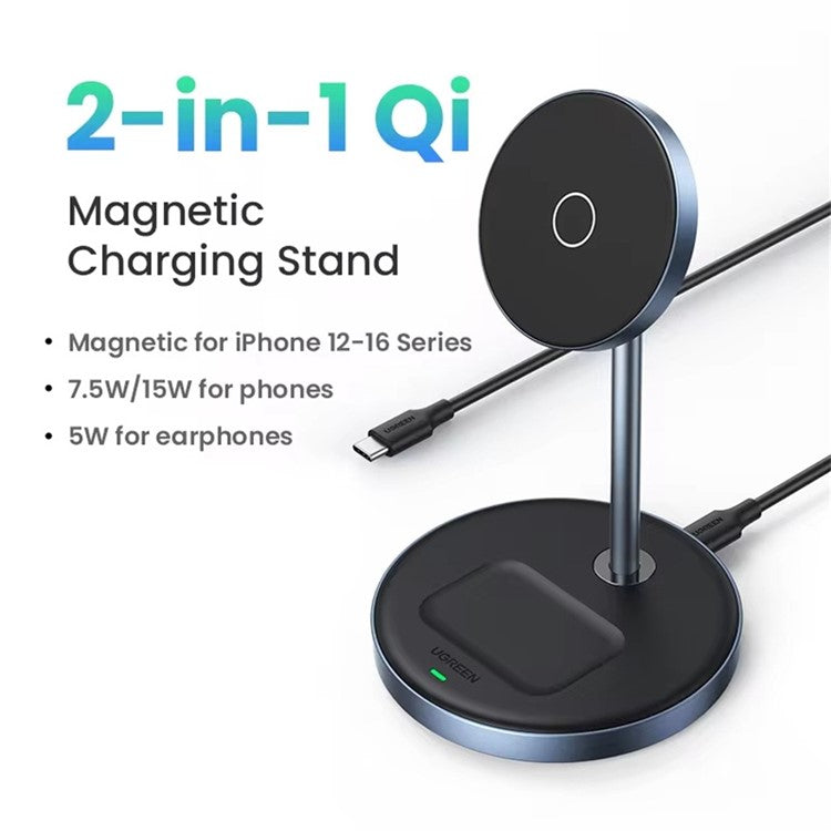 UGREEN 2 In 1 Magnetic Wireless Charger 700g Magnetic Force Adjustable Charging Stand For iPhone 16  /  15  /  14  /  13  /  12 Series and AirPods