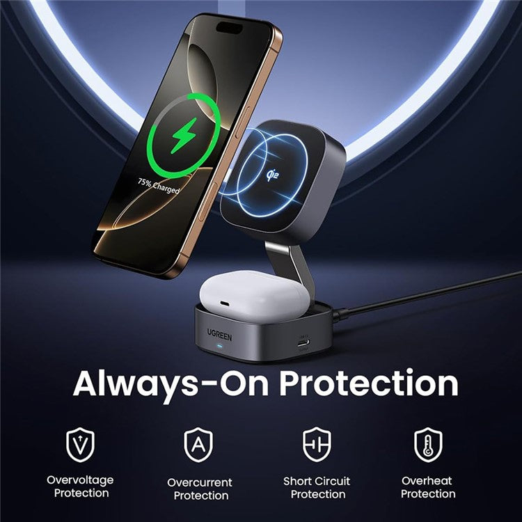 UGREEN Qi2 Magnetic Foldable 2-in-1 Fast Wireless Charger 15W Charging Stand For iPhone 16  /  15  /  14 Airpods Pro