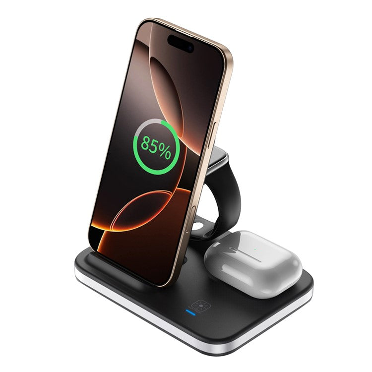 E16 Multifunction Foldable Wireless Charger Dock with Night Light for Mobile Phone / Airpods / Apple Watch - Black