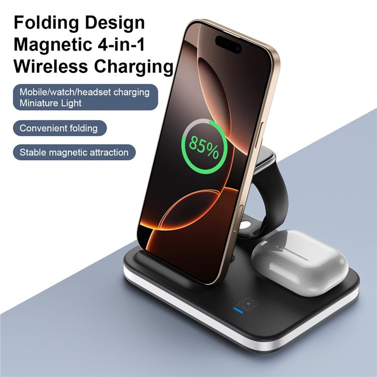 E16 Multifunction Foldable Wireless Charger Dock with Night Light for Mobile Phone / Airpods / Apple Watch - Black