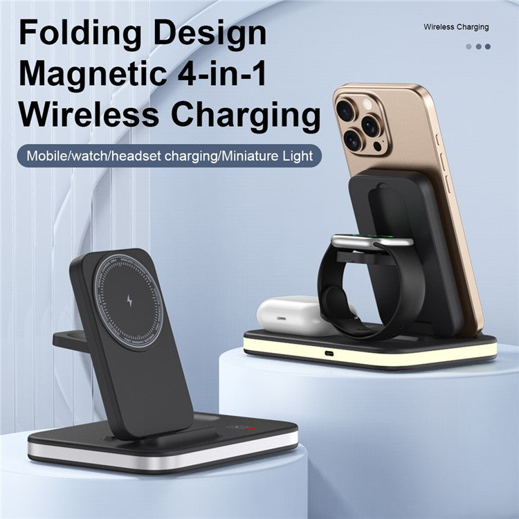 E16 Multifunction Foldable Wireless Charger Dock with Night Light for Mobile Phone / Airpods / Apple Watch - Black