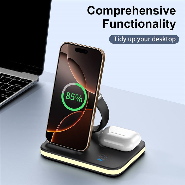 E16 Multifunction Foldable Wireless Charger Dock with Night Light for Mobile Phone / Airpods / Apple Watch - Black