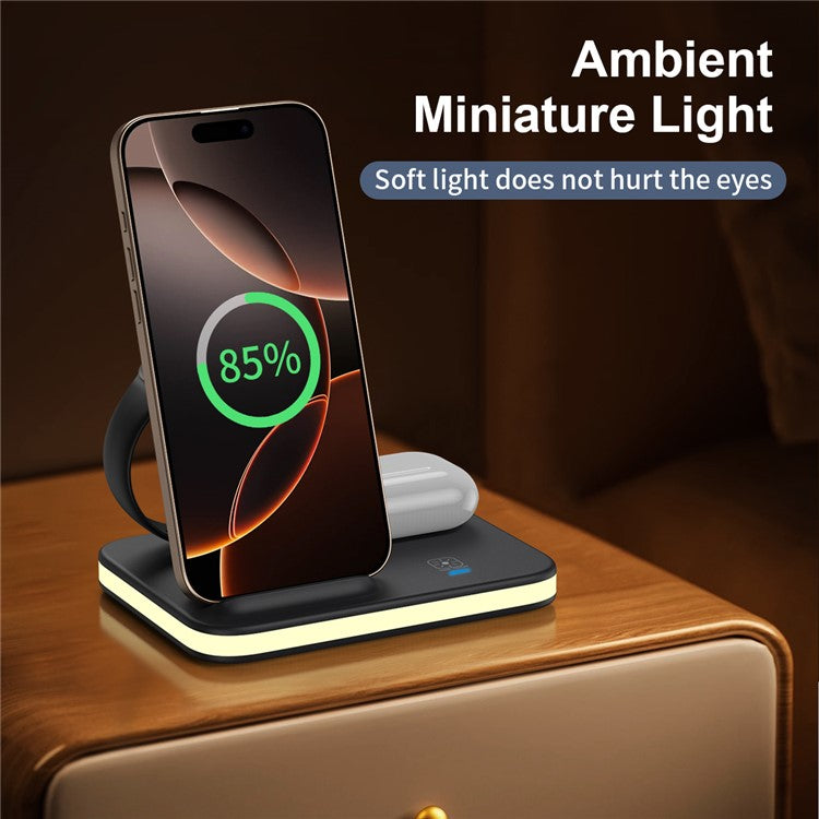 E16 Multifunction Foldable Wireless Charger Dock with Night Light for Mobile Phone / Airpods / Apple Watch - Black