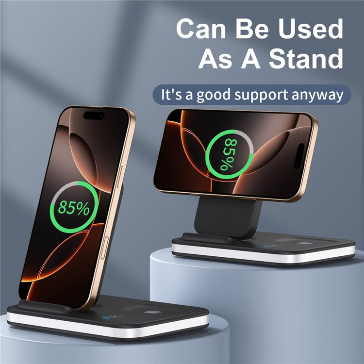 E16 Multifunction Foldable Wireless Charger Dock with Night Light for Mobile Phone / Airpods / Apple Watch - Black